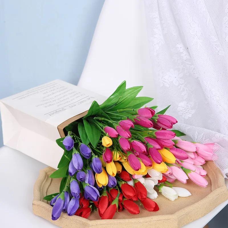 21 hlav Tulipán Umělá květina - Hedvábná levandulová kytice tulipánů, Falešná květina pro svatební dekoraci a dekoraci domácí zahrady