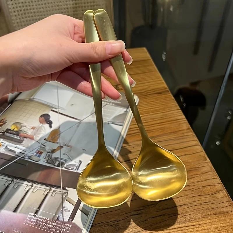 

2pcs Golden Stainless Steel Large Spoons, for Hot Pot, Soup, Porridge - Long Handles, Elegant Kitchen & Dining Utensils,Spoon
