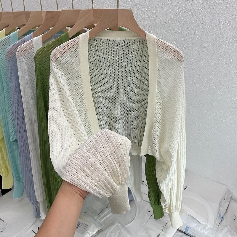 WTEMPO Zomers dun los gebreid vest met airconditioning en zonbescherming, hemdje met lantaarnmouwen, kort topje, jas voor dames one size abrikoos