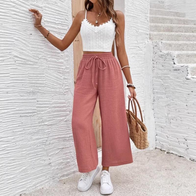 Women S Casual Loose Straight Leg Pants Solid Color Drawstring Waist S
