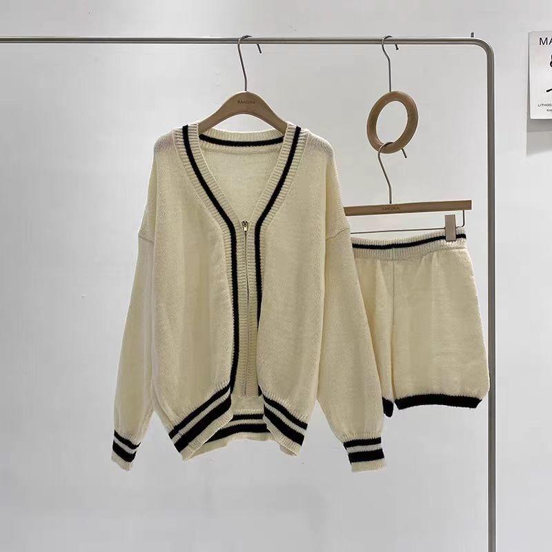 Cárdigan de Punto Holgado de Moda con Cuello en V y Cremallera, Suéter, Shorts Casuales de Cintura Alta, Conjunto de Dos Piezas, Ropa Elegante y Sencilla para Otoño Invierno