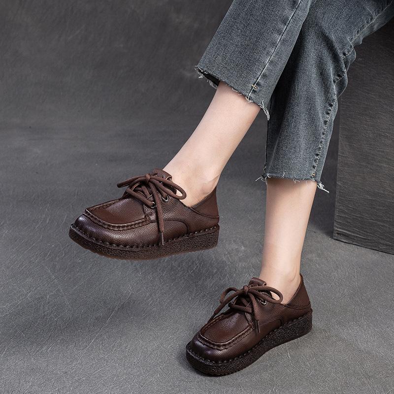 Fashion GKTINOO Women Loafers Spring Genuine Leather Comfort Flat Mother Shoes Lace Up Footwear Fashion Female Footwear Zapatos De Mujer
