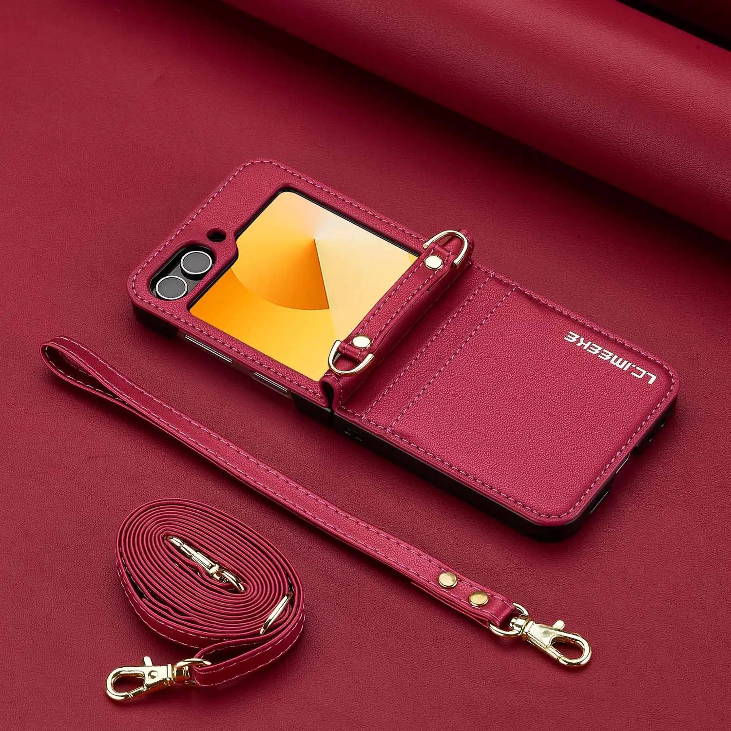 

Long Strap Crossbody Leather Case for Samsung Galaxy Z Flip 6 ZFlip 5 4 3 Dual Card Holder Wallet Shockproof Cover with Lanyard zflip6 червоний