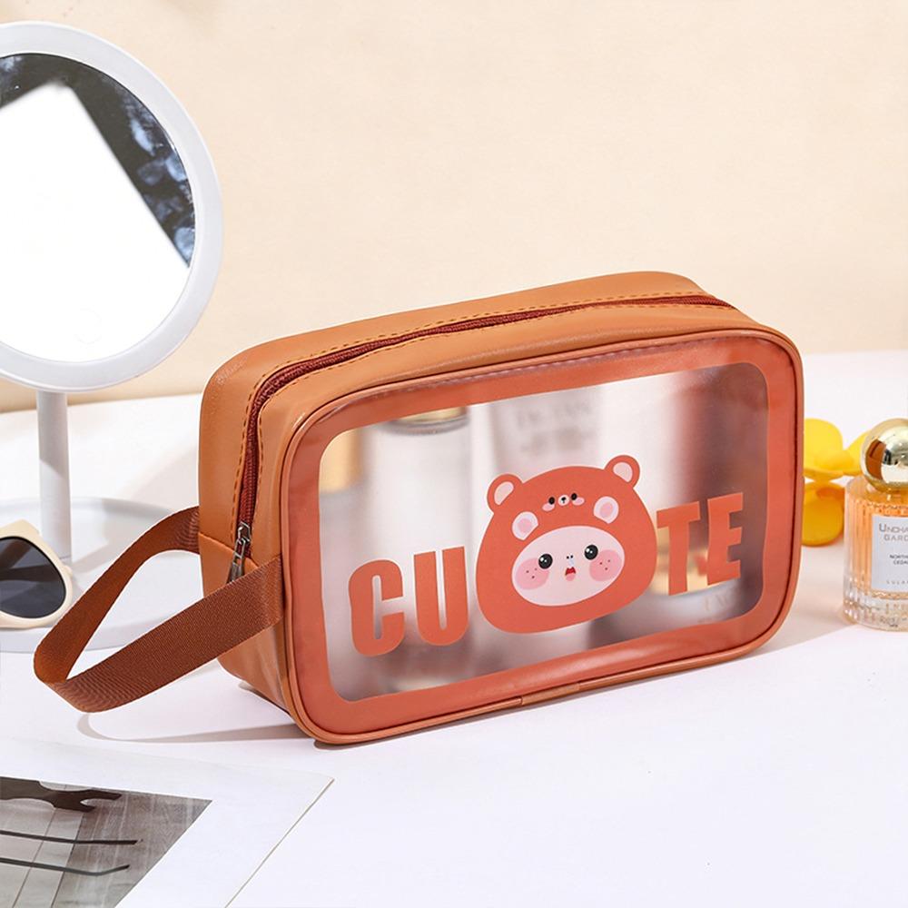 Portable PU Makeup Bag Transparent Large Capacity Travel Toiletry Pouch Cartoon Wet-Dry Separation Wash Bag for Women Girls