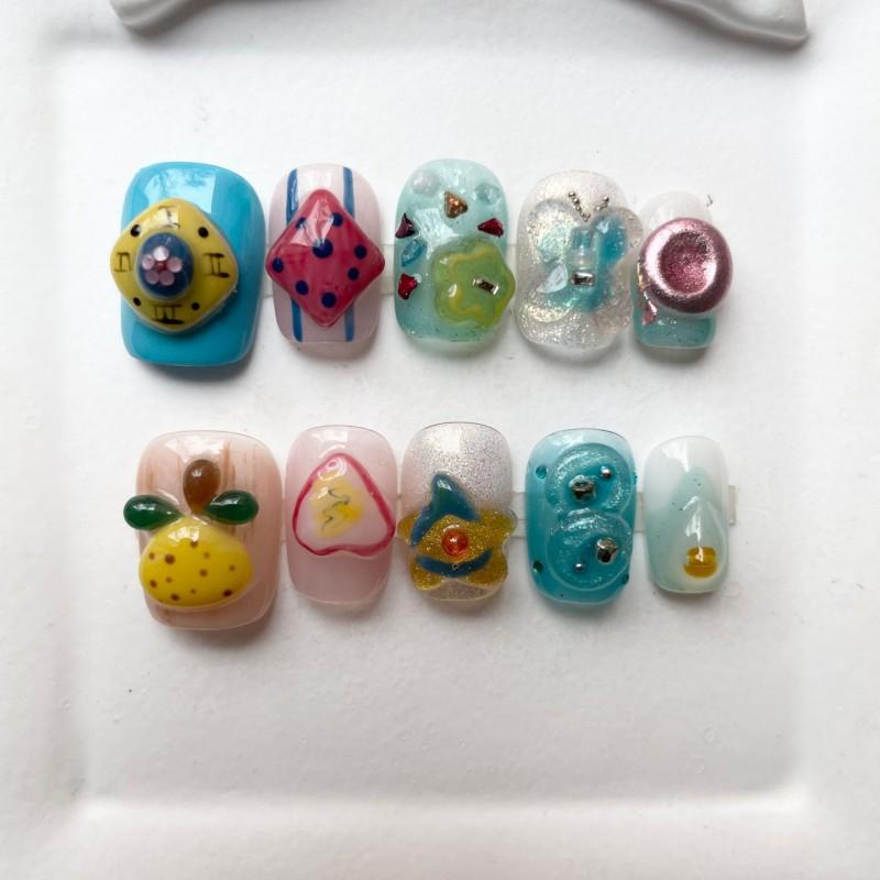 Hand-Painted Press-On Nails Short Square Cat Eye Design Cute Kawaii Style Wearable Nail Tips Women