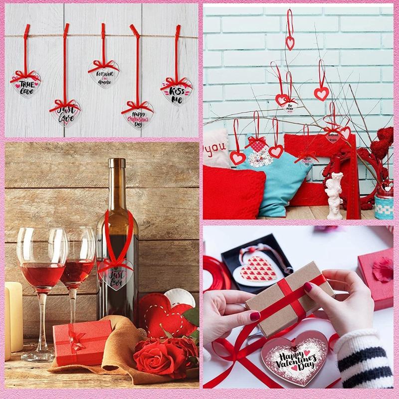 60x Acrylic Blank Clear Valentines Day Ornament with Hole Heart Slices Red Ribbon for DIY Craft Engraving Tags Wedding