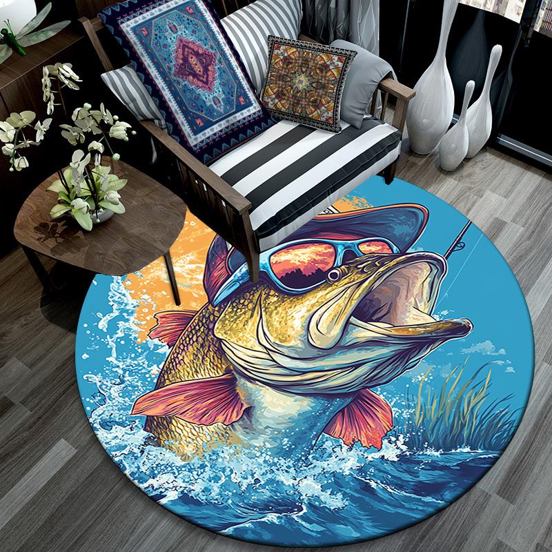 Bass Fish Round Area Rug,Carpet Rug for Living Room Bedroom Sofa Playroom Decor,Non-slip Floor Mat
