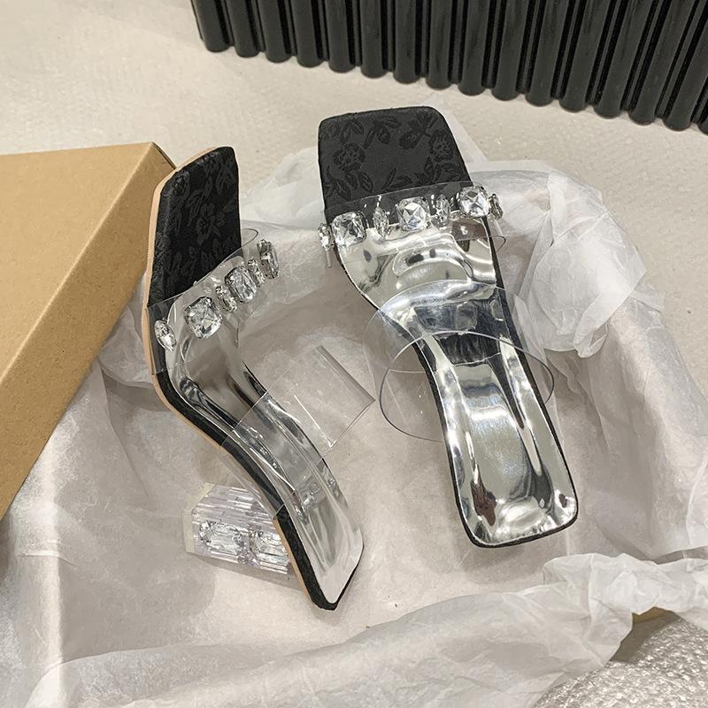 Sandals women s rhinestone thick heel summer new fashion word belt country square head high heels celebrity tide with cool slippers 34 3694₽