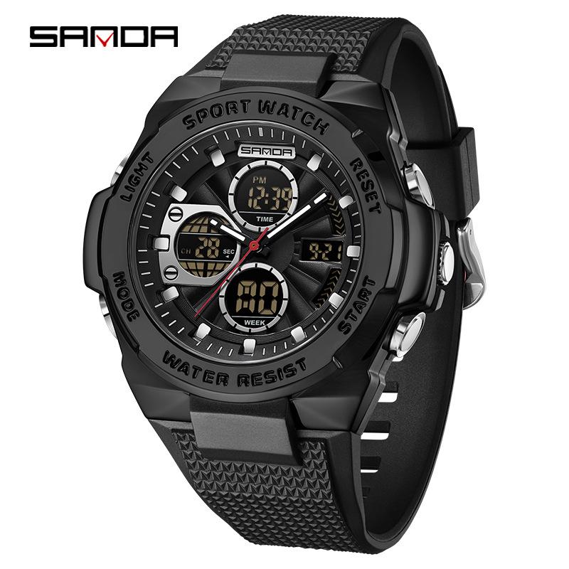 Sanda Men's Trendy Outdoor Sports Watch - Waterproof, Luminous, Multifunctional with Dual Display & Alarm.