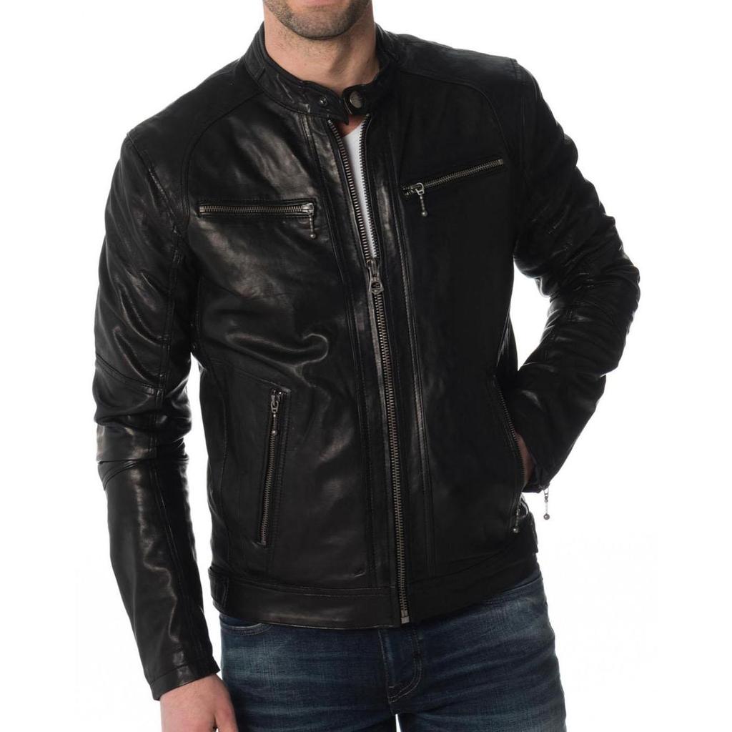 SKINOUTFIT Men's Genuine Lambskin Black Leather Jacket Stylish Motorcycle Bomber Biker Outerwear MJ 237