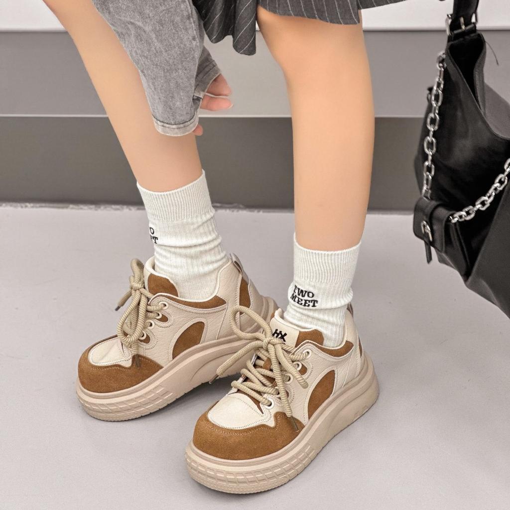 2025 autumn new leather high-top shoes leather thick-soled heightening casual board shoes women's versatile sports bread shoes