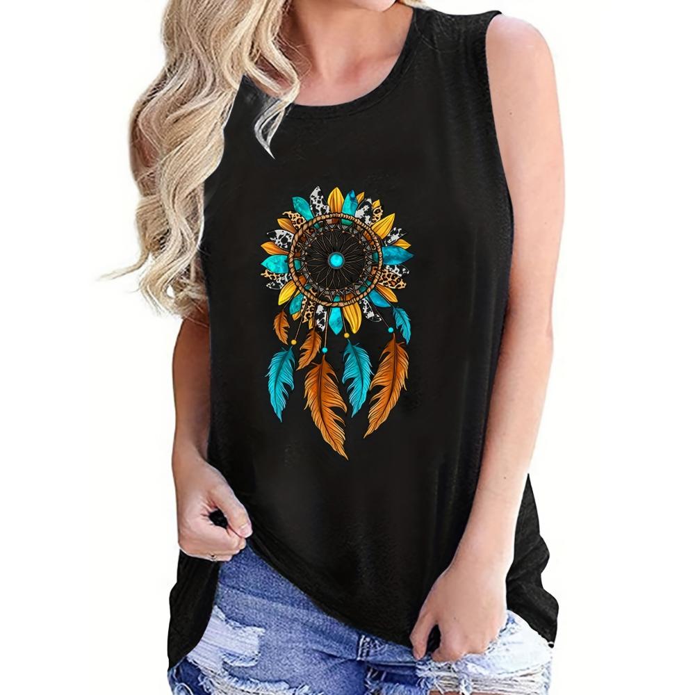 PLUS SIZE Printed Summer Women's Loose and Personalized Dream Catcher Mesh Printed Vest Top T-shirt Comfortable Sleeveless