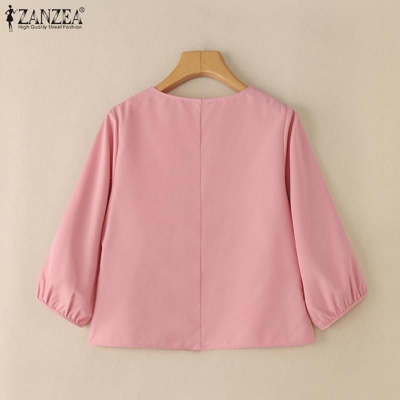 ZANZEA Women Casual V-Neck Solid Color Loose 3/4 Sleeve Blouse