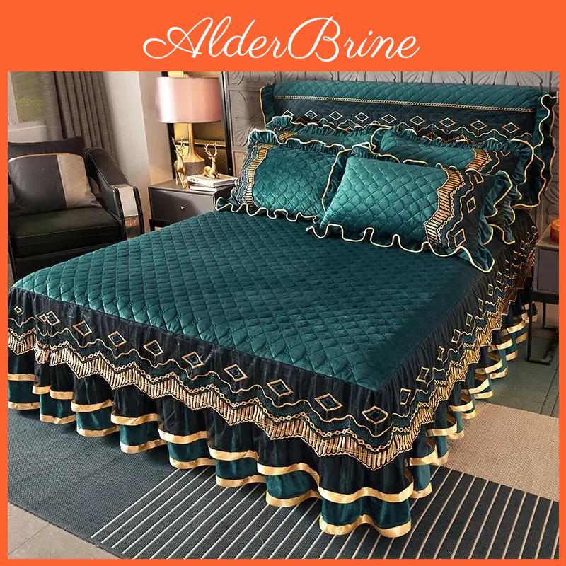 Velvet Vintage Thicken Lace European Bedspread King Size Wedding Quilted Soft Ruffles Bedskirt Set Queen
