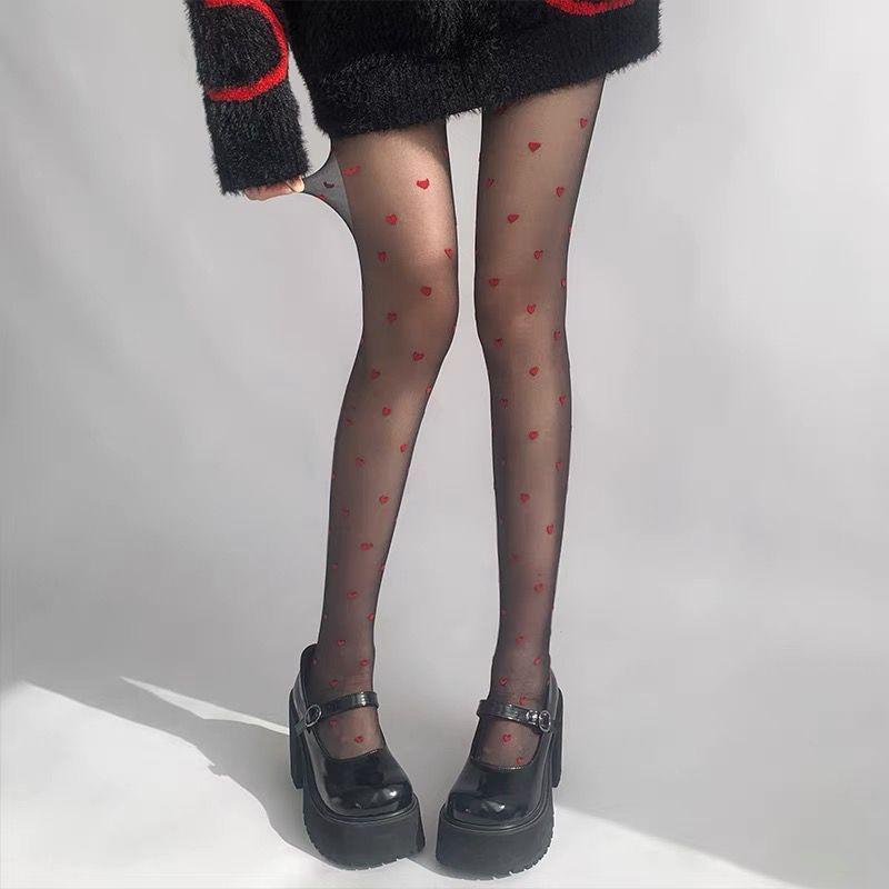 Ultra-Thin Polka Dot Pantyhose: Red Heart Black Silk Japanese Style