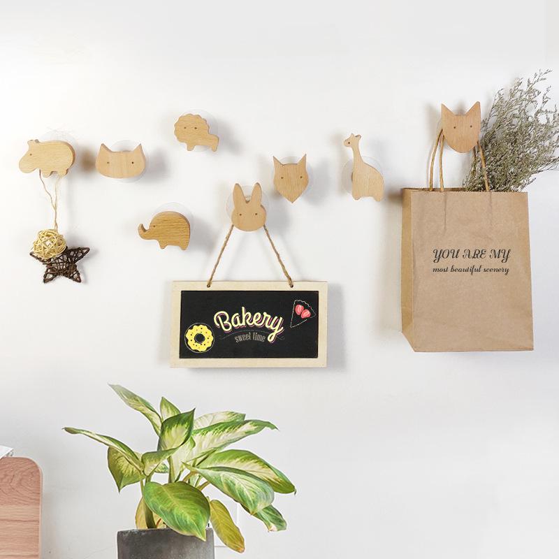 Creative Beech Wood Adhesive Hooks – Funny Animal Design Coat & Hat Hooks for Behind-the-Door Use