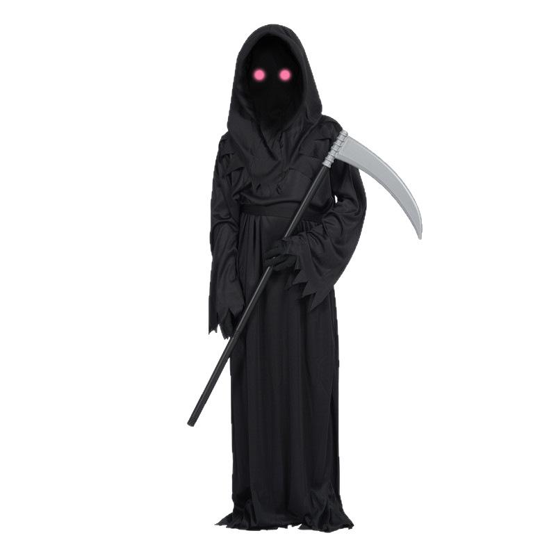 Costume da Mietitore per Bambini con Falce e Occhi Rossi Luminosi per Halloween