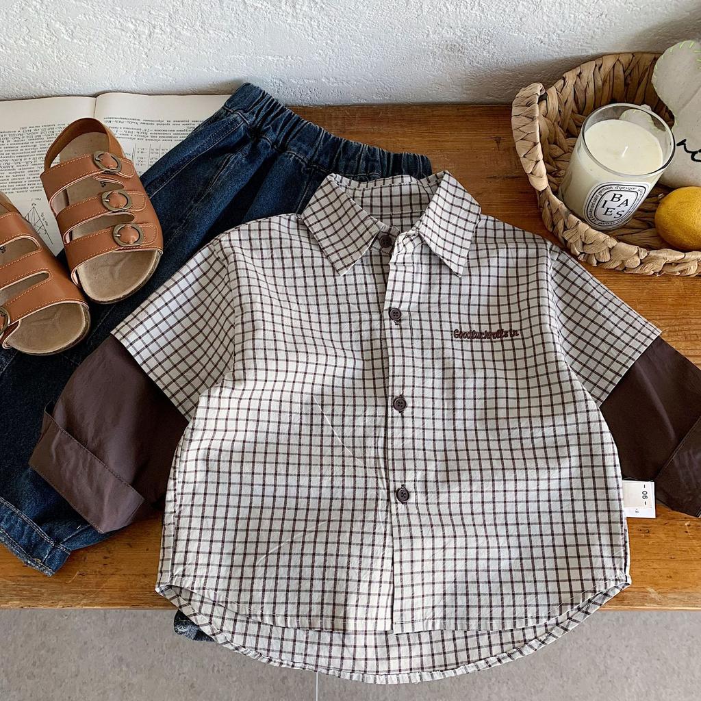 Boys' Shirts Autumn New Korean Version Children'S Splicing Fake Two-Piece Plaid Shirt Tide