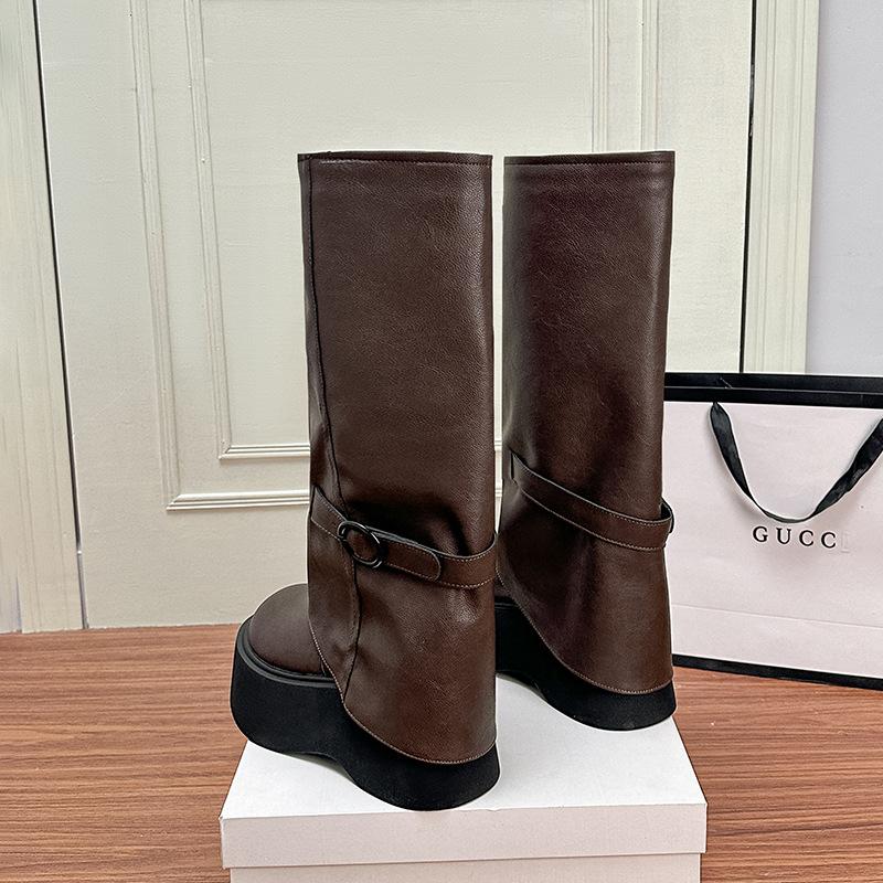 Autumn Boots Women's Small Trouser Boots Muffin Knight Boots Thick Sole Heightened Fat MM Widened Tube