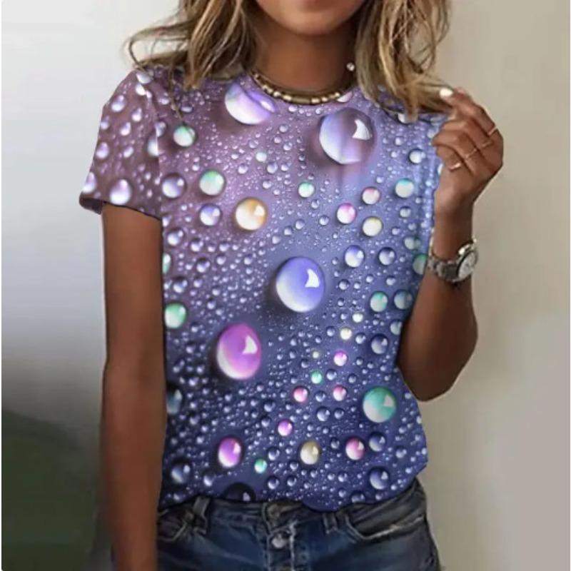 Summer New Women's Loose Shirt, Water Drop Pattern Printing Round Neck Short Sleeves