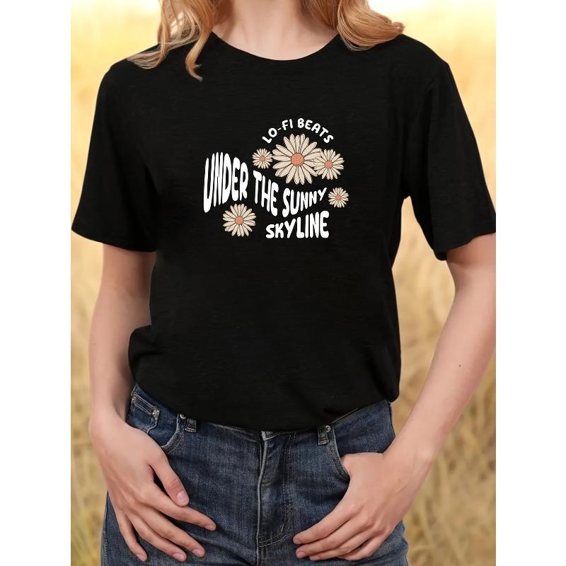 

Women S Black Short-Sleeve Loose Casual T-Shirt with a Skyline Print, Perfect for Summer Trends And Versatile Styling S чёрный