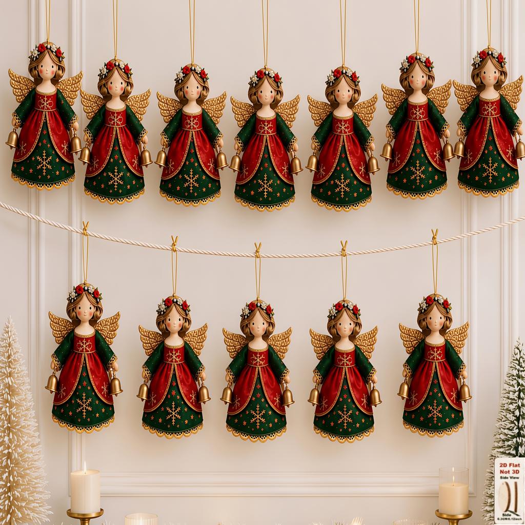 30pcs Christmas Angel Ornament Set Features Classic Red, Green, And Golden Holiday Colors, Paired with Golden Wings, Bells, Santa Hats, Wreaths