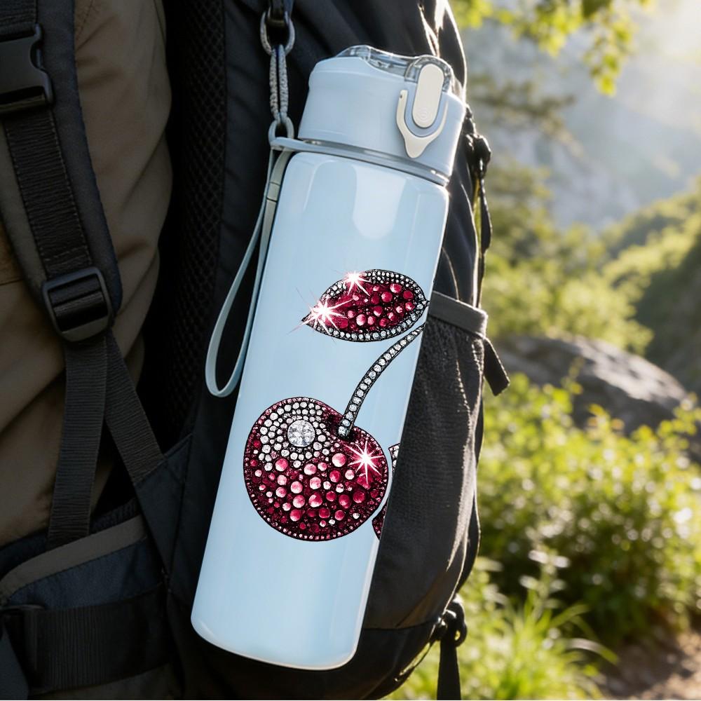 1PC Dark Red Pair Cherry Fruit Print 750ml Color Plastic Sports Water Bottle Leakproof Flip Straw Lid Suitable for Sports Office Home Use