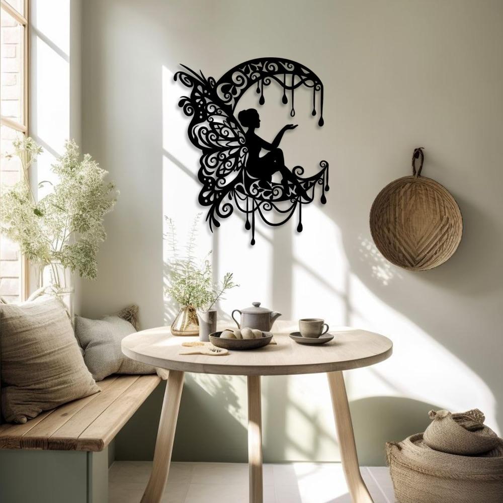 Handmade Iron Moon Flower Fairy Wall Art, Rustic Black Metal Decor for Living Room Bedroom Outdoor