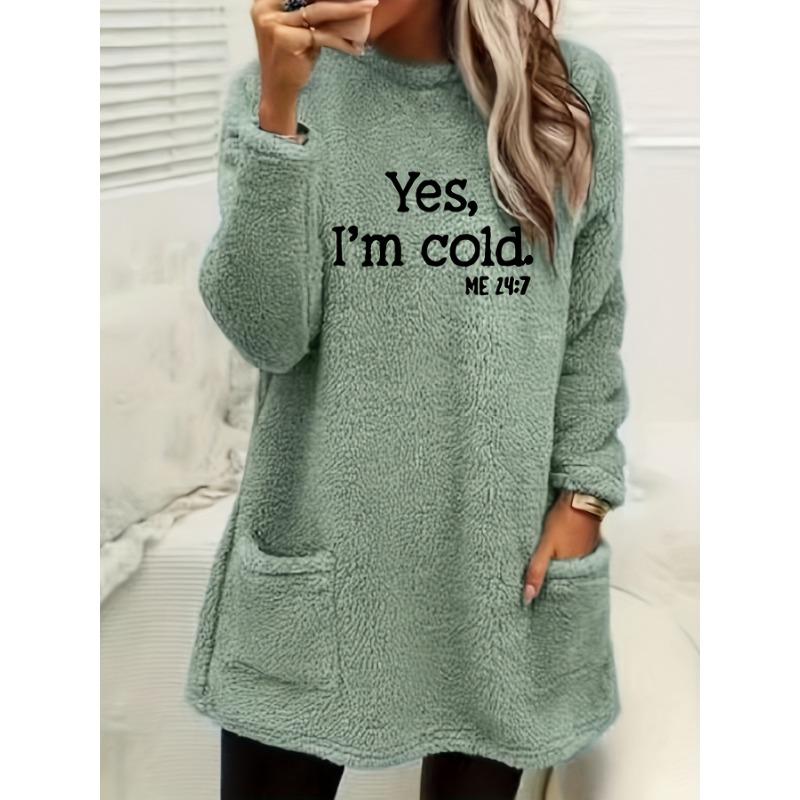 

Women s Casual Yes I m Cold Letter Print Dual-Sided Fleece Pullover Sweatshirt Cozy Round Neck Long Sleeve Winter Warmth Tops 3XL