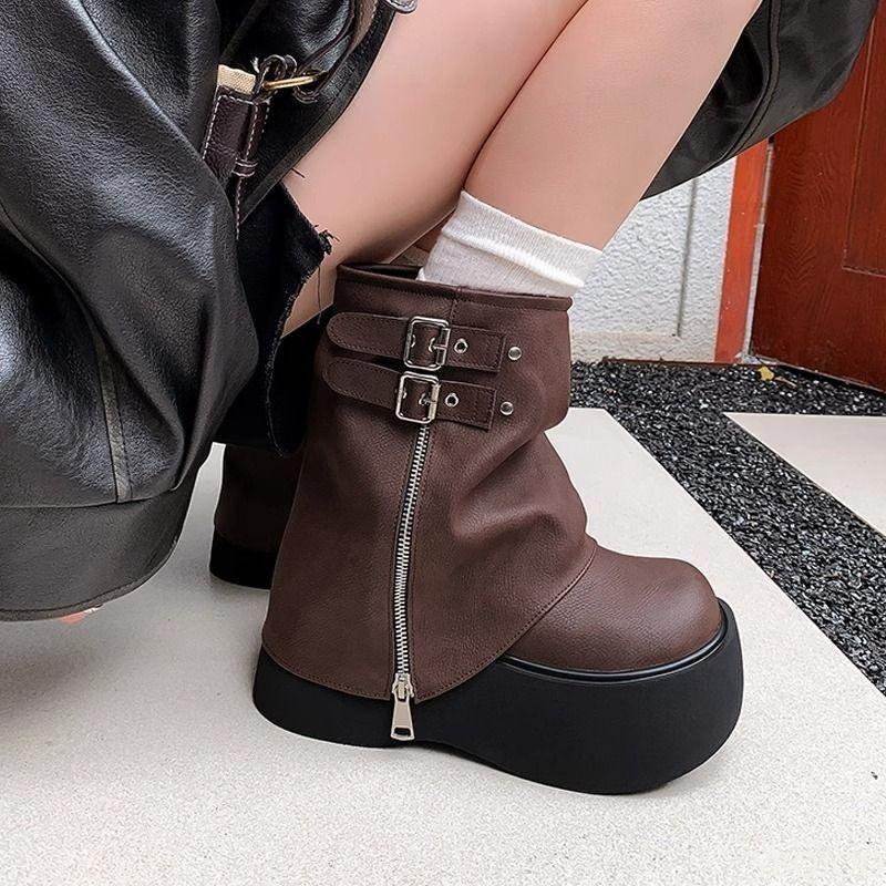 Height Increasing Waterproof Platform Sweet Spicy Zipper Boots Women's Thick Soled Boots Autumn Winter Styles Simple Versatile