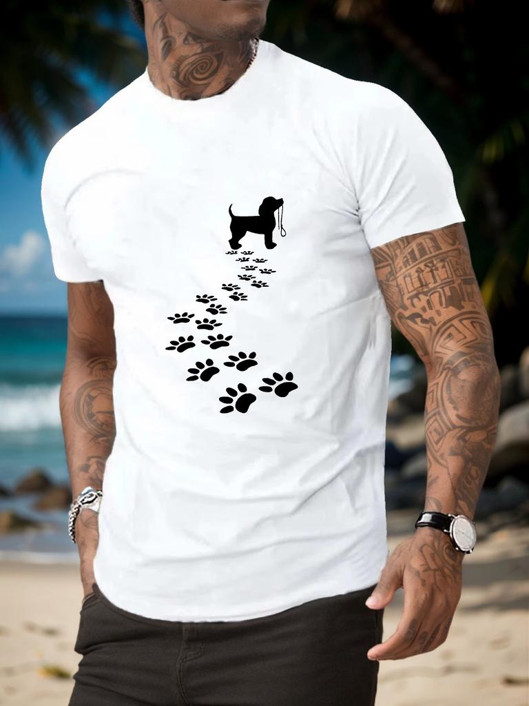 Cute Dog Silhouette And Following Paw Marks Front Graphic Print Unisexs Crew Neck Short Sleeve Tee Casual Daily Soft Basic Wear Top