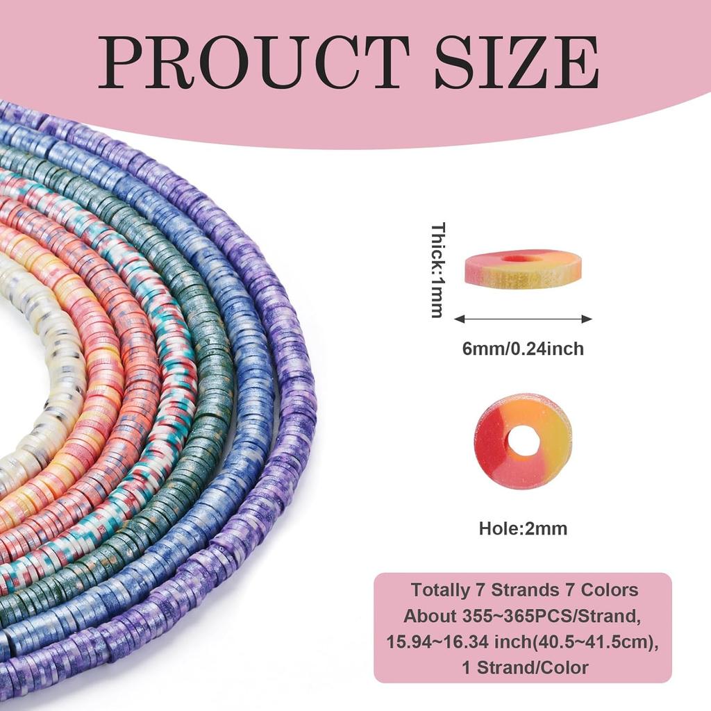 Pandahall 7 Strands 6mm Flat Polymer Clay Beads Speckled Vinyl Heishi Beads 7 Colors Pearlized Colorful Disc Clay Spacer Beads for Friendship