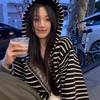 2025 Women's Hooded Color Block Striped Cardigan Sweater - Soft, Fluffy, Oversized Knitwear for Autumn/Winter