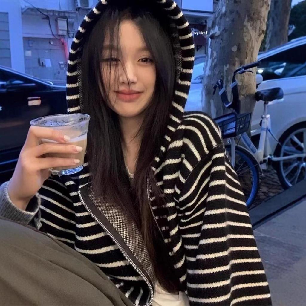 2025 Women's Hooded Color Block Striped Cardigan Sweater - Soft, Fluffy, Oversized Knitwear for Autumn/Winter