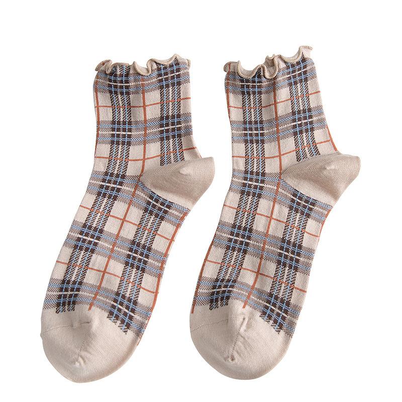 3 páry/lot Letní krátké ponožky Dámské Střapcové okraje Dívčí Studentský styl Retro Dámský styl JP Bavlna Mladá dáma Kostkované Volánky