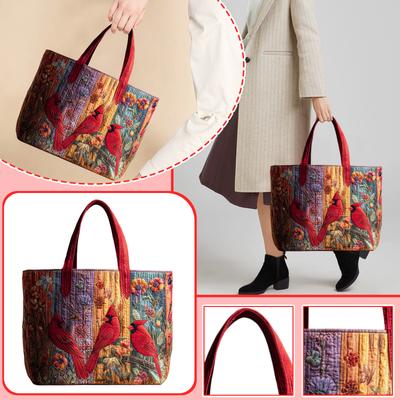 Quilted Tote Bag with Digital Print Floral Pattern and Bird Design Spacious Handbag for Everyday Use Durable Fabric and Comfortable Handles