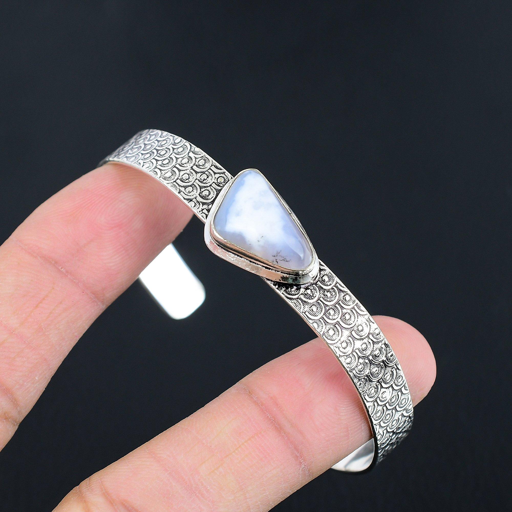 

Sisters Day Sale Sterling Silver Trillion Natural Dendrite Opal Boho Wife Bangle Adjustable