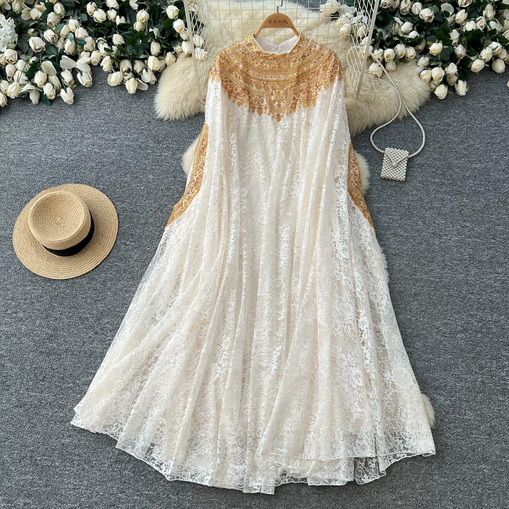 Nuovi Completi Vestito in Pizzo Ricamato con Perline e Paillettes Autunnali per Donna Autunno Vintage Manica a Mantella Collo Tondo Lungo Maxi Abito Robe Musulmane