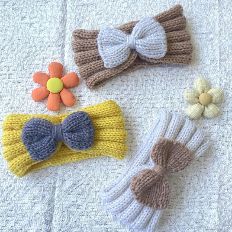 Autumn and winter warm children's contrasting color knitted wool hair accessories, baby solid color bow headscarf, baby headband