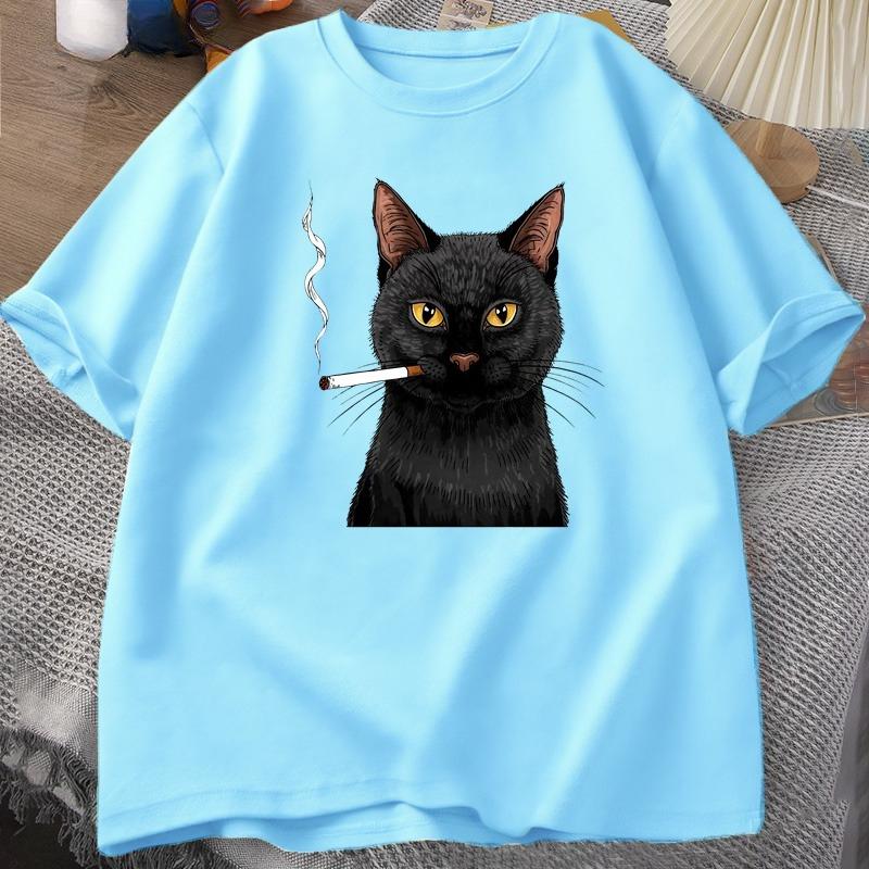 Smoking Cat TShirt Unisex Funny Y2K Vintage Trendy Streetwear Graphic T Shirt Edgy Cat Lover Tshirt Round Neck Short Sleeved Tee