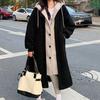 Yousheng Women Winter Coat Fake Two-piece Hooded Colorblock Long Sleeve Loose Knee Length Thick Plush Warm Drawstring Single-breasred Overcoat
