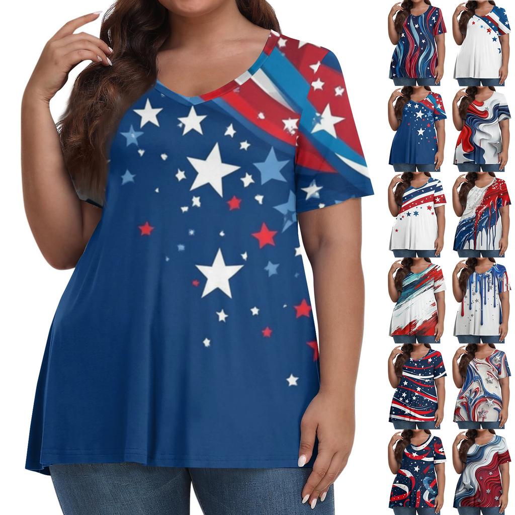 Women's Fashion Casual V-Neck Pullover Short Sleeve Large Size Independence Day Printed T-Shirt Top