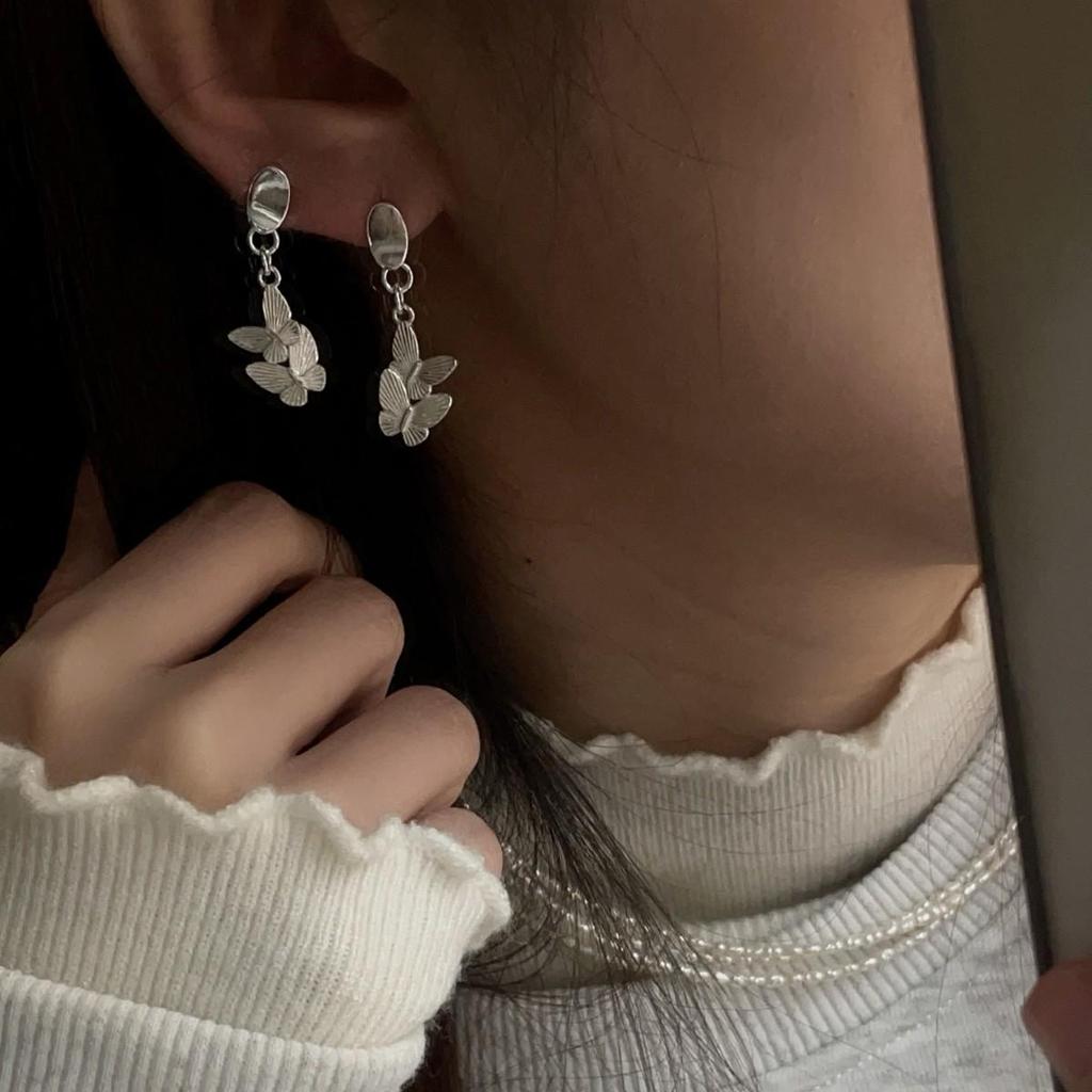 925 Sterling Silver Butterfly Pendant & Earrings, Korean & New Chinese Style, Light Luxury with Silver Needle, Elegant High-End Feel.