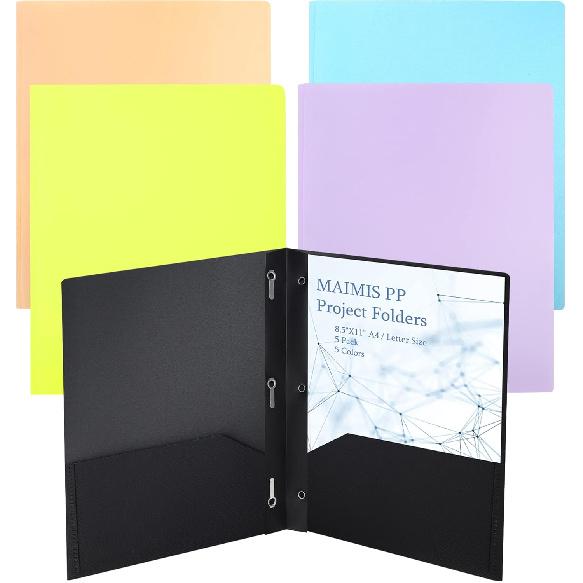 Plastic File Folders with Pockets - (5 Pack, Assorted Colors) Heavy Duty 3 Hole Two Pocket Folder with Pockets 3 Prong Folders A4 Letter Size Colored