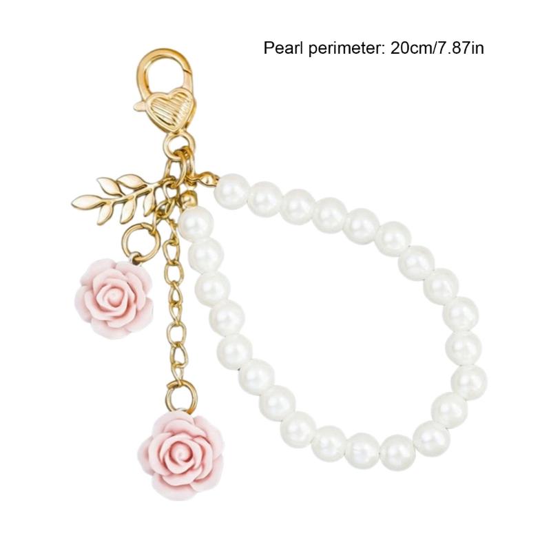 Unique Resin Flower and Pearls Chain Keychain Mobile Phone Pendant Stylish Key Accessory Elegant Bag Charm for Women