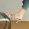 Krazing Pot Mules Mikrovlákno Peep Toe Stiletto Tenké vysoké podpatky Letní boty Velikost 44 Velikost 43 Crystal Dámské Sandály