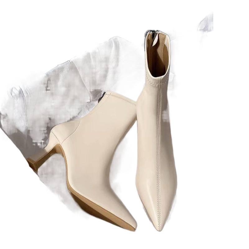 Women's High Heel Stiletto Ankle Boots - Brown/Beige, Early Autumn, Pointed Toe, Elastic Fit, Chic Style.