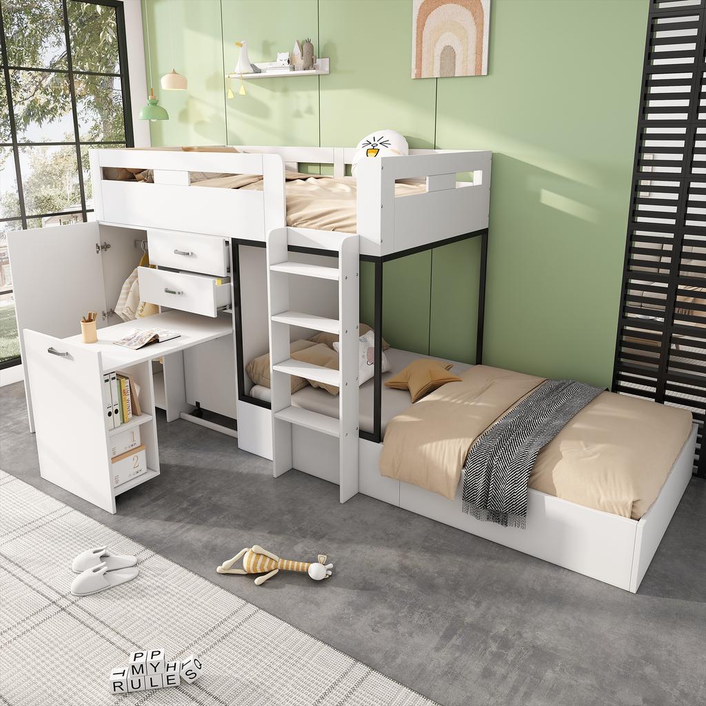 Litera con Escritorio Extraíble y Armario, con Cajón y Estantes y Escalera, sin Colchón, 90*200 cm, Blanco (SKU ANTIGUO:3233289012AAW-1)