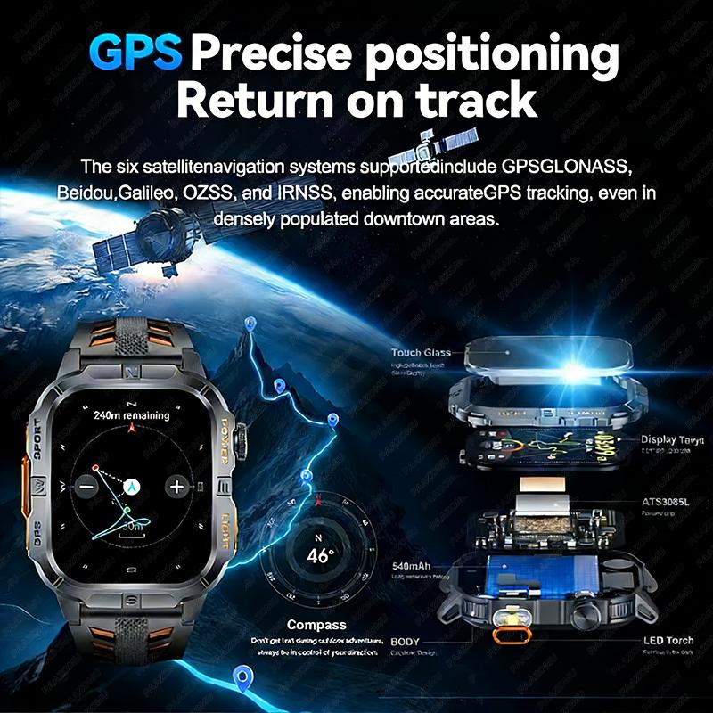 New Professional GPS Outdoor Smart Watch Men Flashlight Compass Waterproof Military Sport Tracker Bluetooth Call Smartwatch