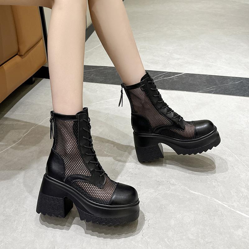 10Cm cowhide thick-soled net boots women's 2025 spring and summer new hollow Martin boots small man looks tall and thin Martin boots